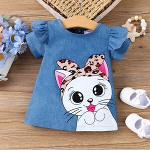Baby Girl Cute Cat Print Ruffled Short-sleeve Blue Dress